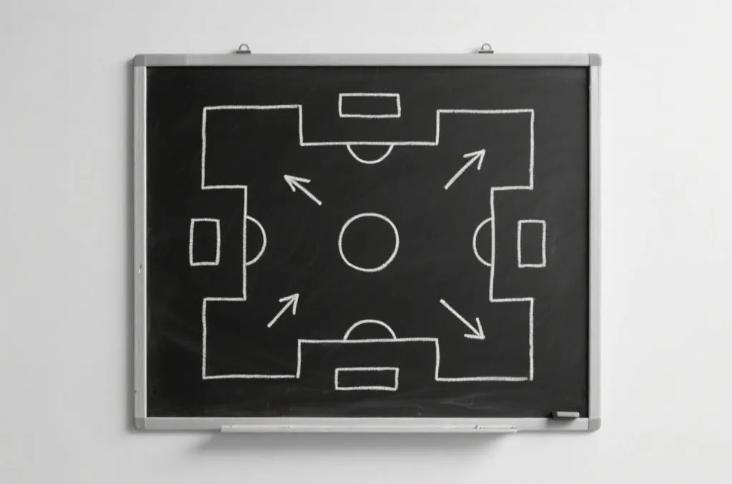 An abstract tactical chalkboard with soccer strategy diagrams and arrows, minimalist clean layout